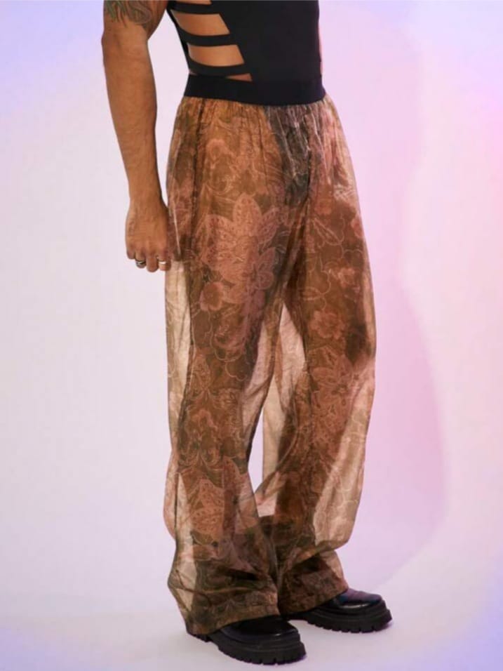 Men's Floral Print Mesh Wide Lag Stylish Lounge Pants